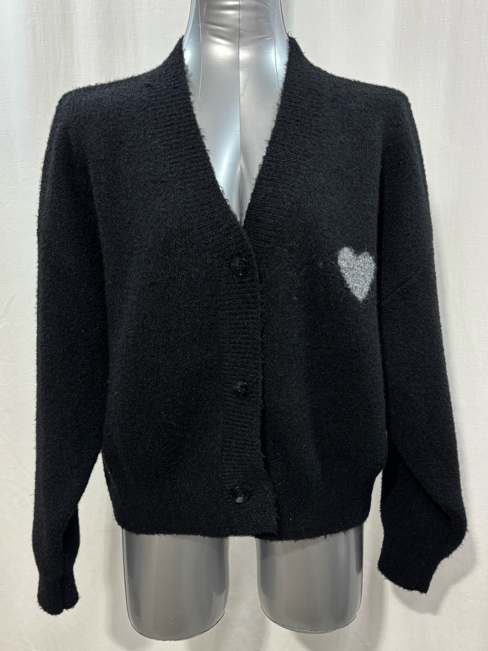 Molly Bracken Black V-Neck Button-Up Cardigan with Light Gray Heart Large 491